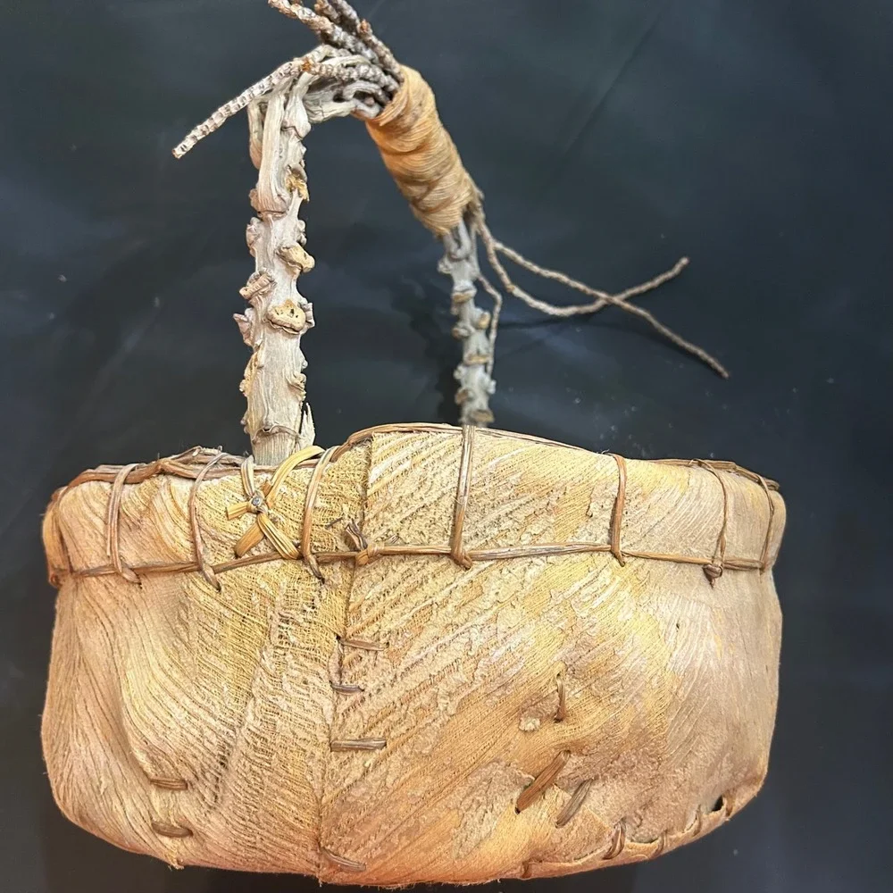 Handmade Natural Leaf Fiber Basket Twig Handle Rustic Primitive Woven Decor